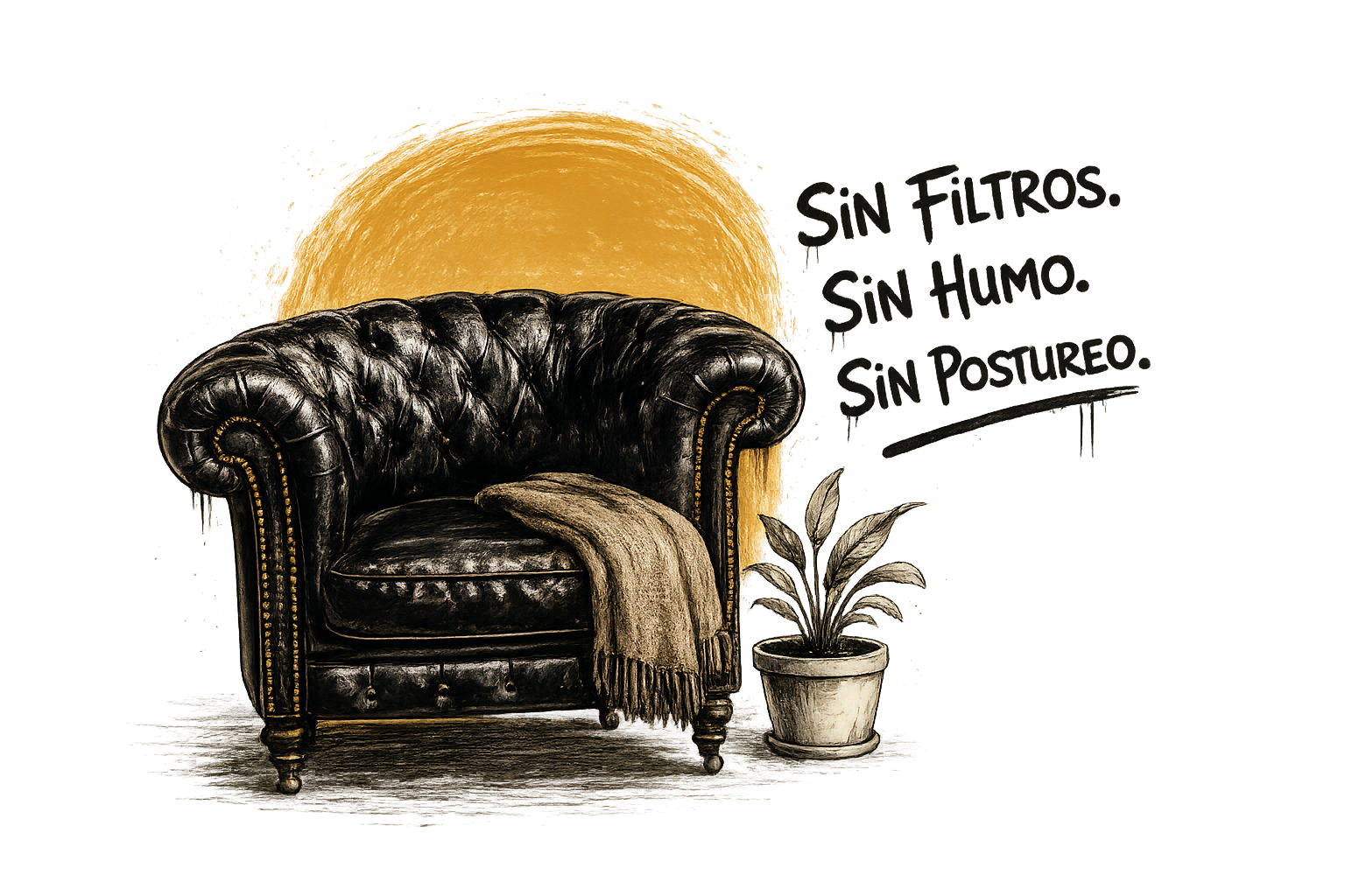 Sillón de El Diván Canalla con el texto sin filtros, sin humo, sin postureo