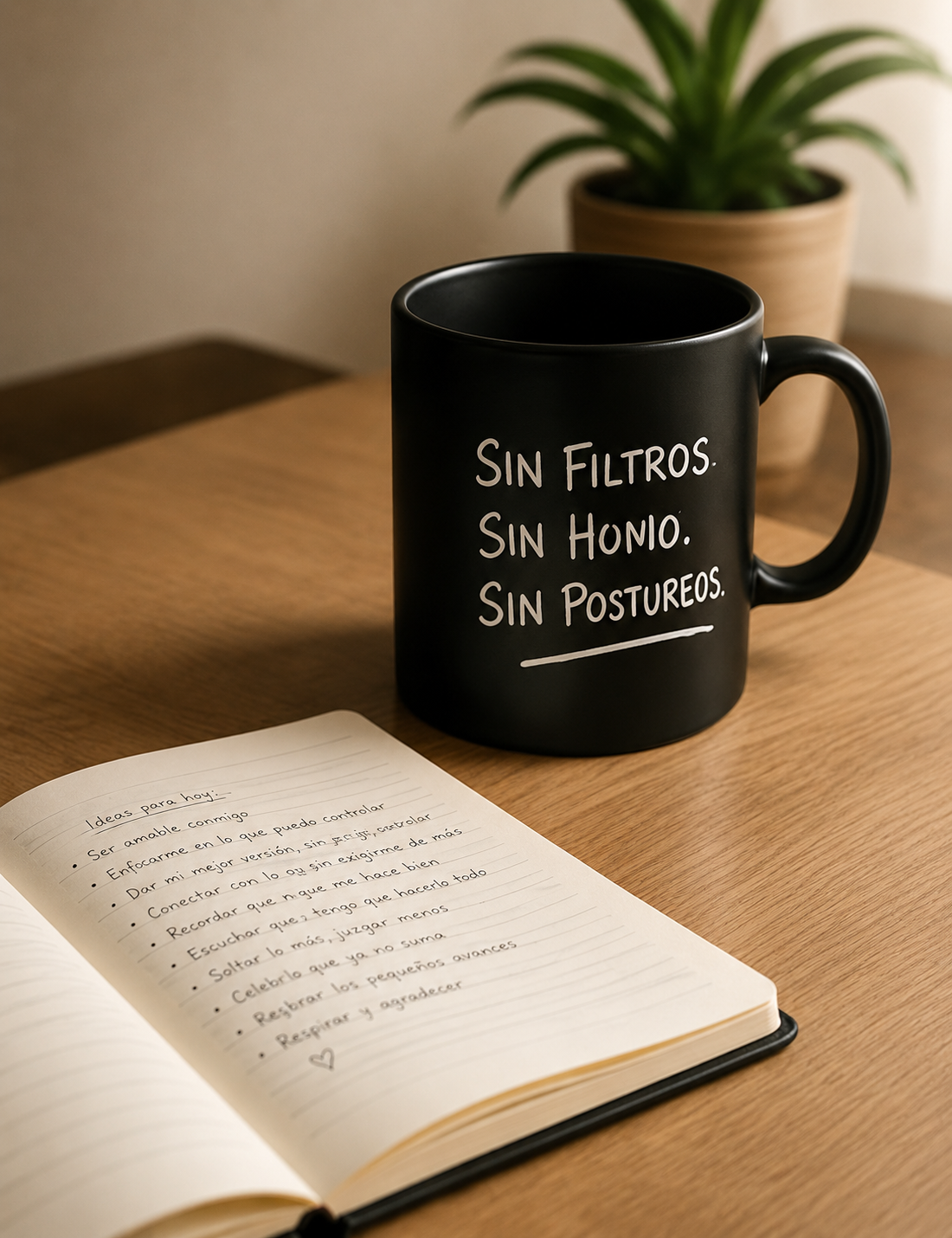 Taza y cuaderno en una mesa de trabajo terapéutico